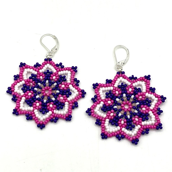 HAND CRAFTED Purple Beaded Flower Chunky Earrings - Picture 3 of 8